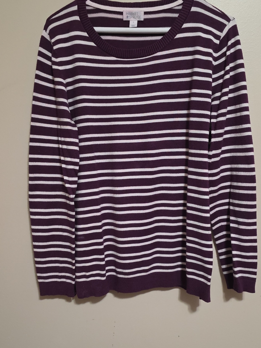 Market & Spruce Plum and White Striped Crewneck Sweater